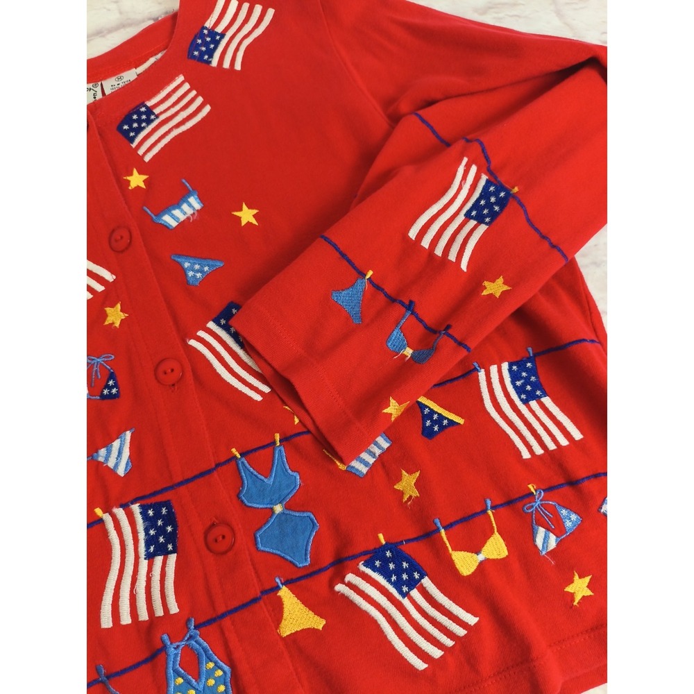 VTG Michael Simon SZ M Patriotic Cardigan USA Flag Bathing Suit Novelty Sweater - Picture 7 of 9